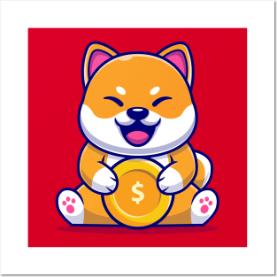 Cute Shiba Inu Dog With Gold Coin Cartoon Posters and Art